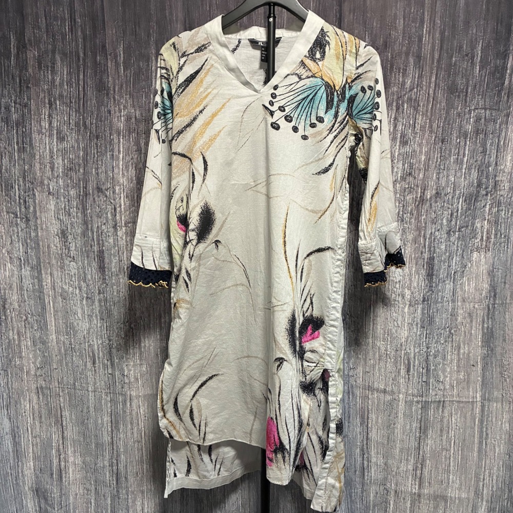 RL Pret Abstract Floral Tunic Blouse 3/4 Sleeve V-neck Light Weight Women Sz 10 - Picture 1 of 8